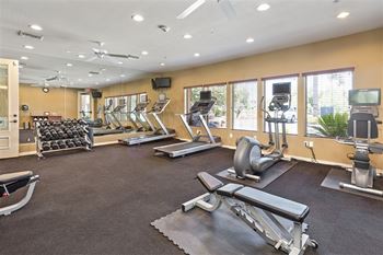 A spacious gym with a variety of equipment including treadmills, weight machines, and a bench press.